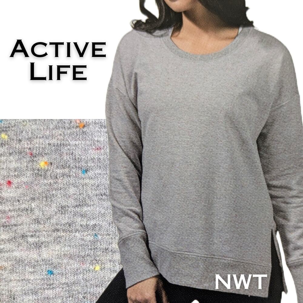 Active Life Womens Sweatshirt Medium Gray Flecked Confetti Scoop Neck Retro NEW